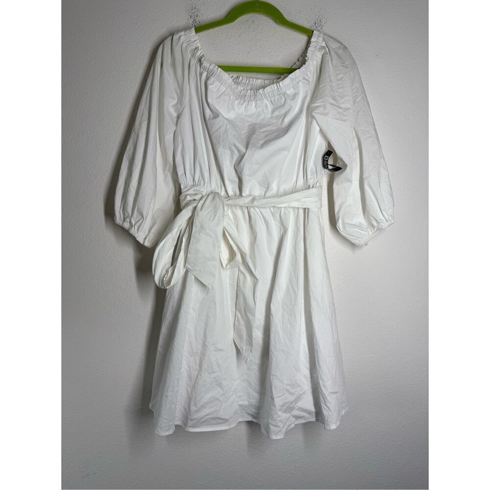NWT NewYork & Co Bohemian Romantic White Dress Elastic Shoulder Belted  Sz L